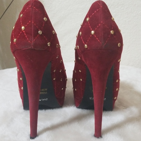 Bumper 👠 Burgundy Velvet Gold Stud High Heels - Picture 4 of 7